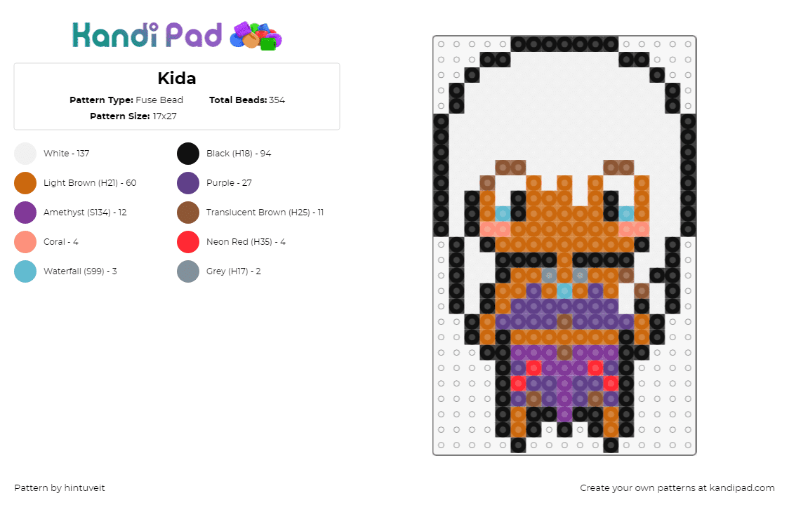 Kida - Fuse Bead Pattern by hintuveit on Kandi Pad - kida nedakh,atlantis,chibi,character,disney,princess,cartoon,movie,brown,white,purple