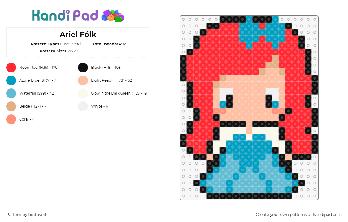 Ariel Fólk - Fuse Bead Pattern by hintuveit on Kandi Pad - ariel,little mermaid,disney,character,chibi,red,light blue,teal