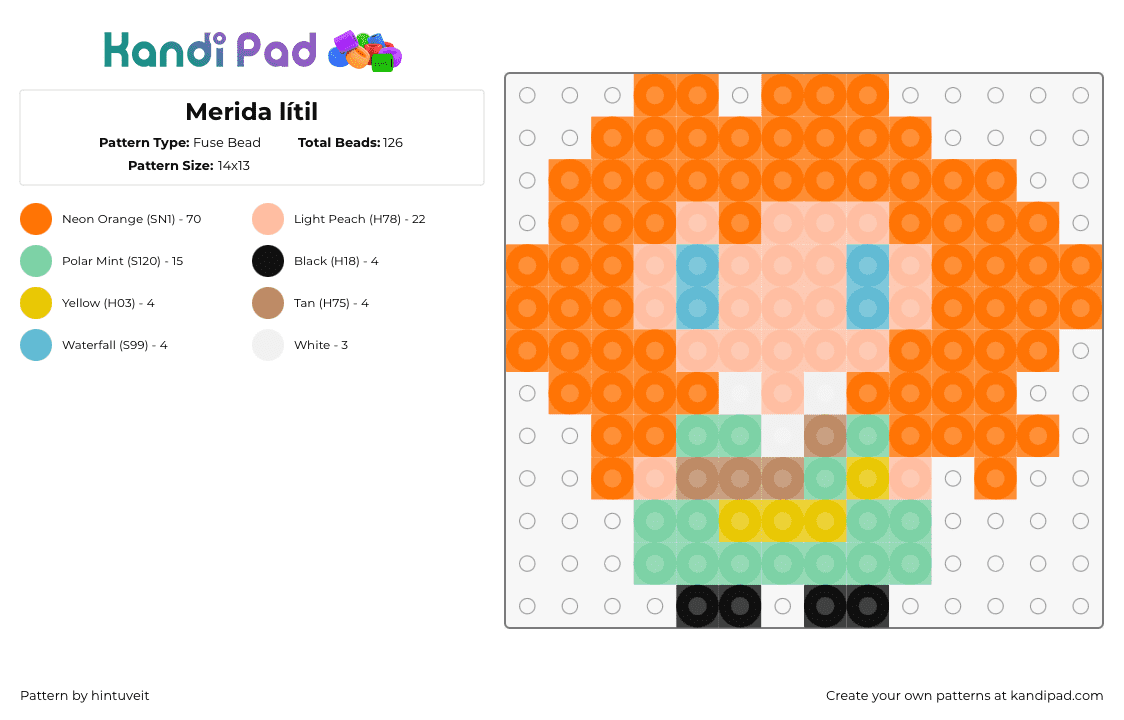 Merida lítil - Fuse Bead Pattern by hintuveit on Kandi Pad - merida,brave,princess,disney,character,simple,movie,orange,teal