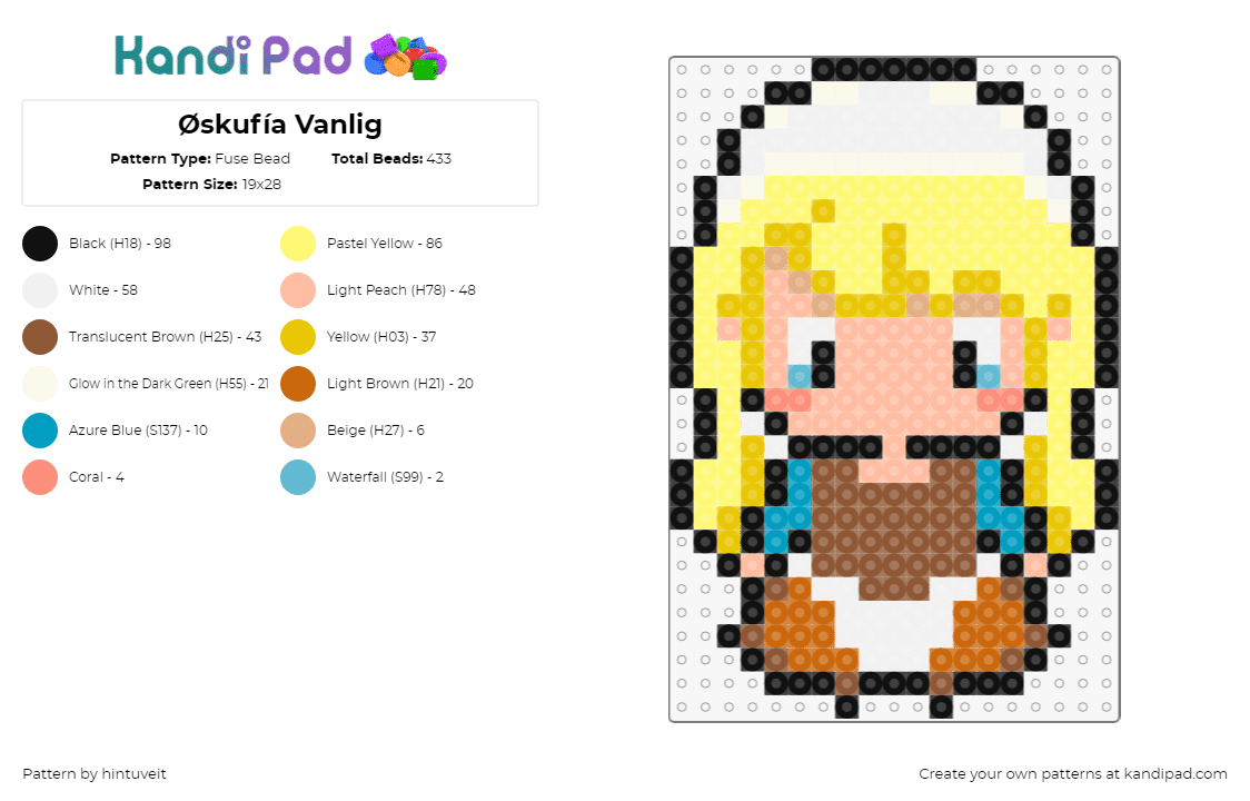 Øskufía Vanlig - Fuse Bead Pattern by hintuveit on Kandi Pad - cinderella,princess,chibi,character,disney,blonde,brown,white,yellow