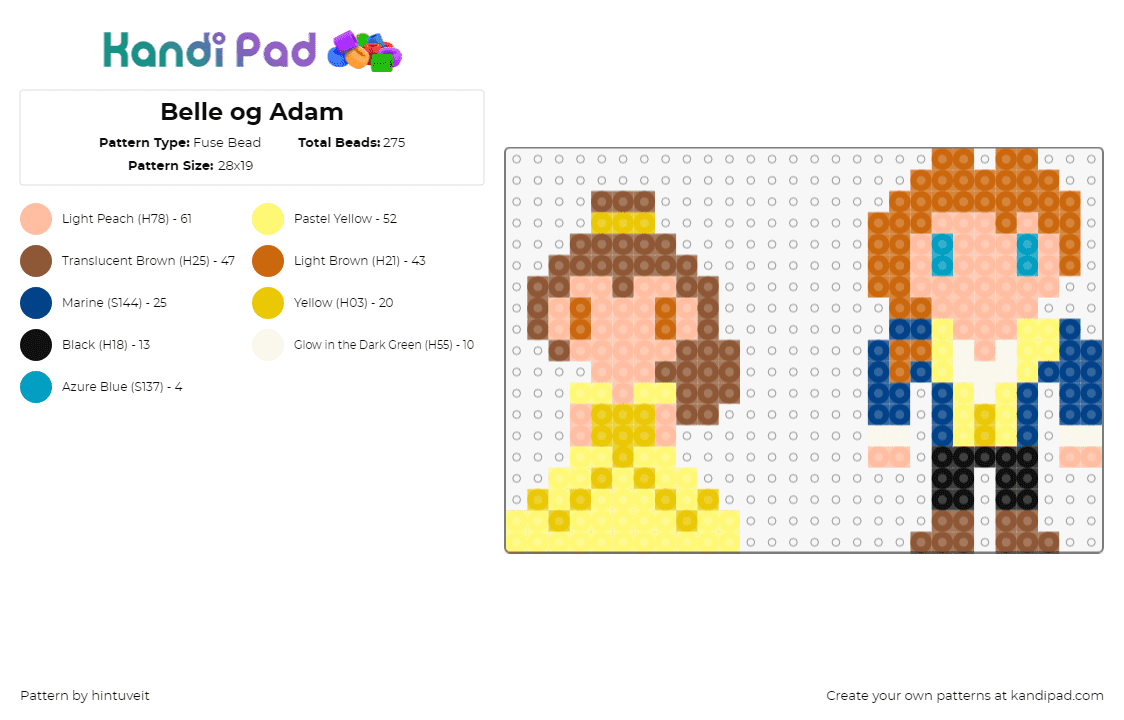 Belle og Adam - Fuse Bead Pattern by hintuveit on Kandi Pad - belle,adam,beauty and the beast,characters,disney,chibi,princess,movie,yellow,orange,tan,blue