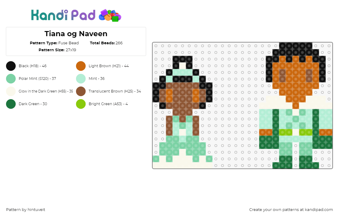 Tiana og Naveen - Fuse Bead Pattern by hintuveit on Kandi Pad - tiana,naveen,princess and the frog,disney,characters,chibi,movie,teal,green,brown