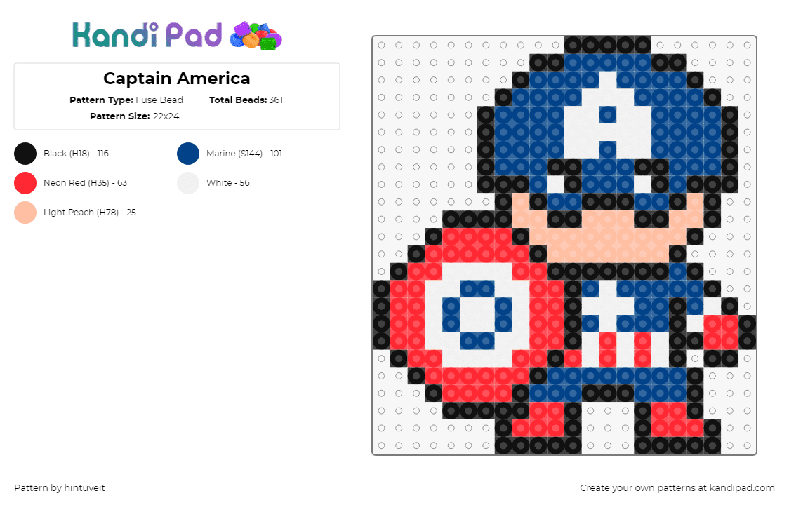 Captain America - Fuse Bead Pattern by hintuveit on Kandi Pad - 