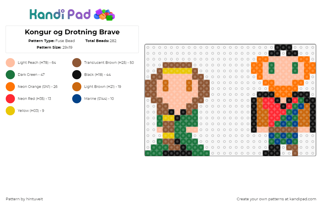 Kongur og Drotning Brave - Fuse Bead Pattern by hintuveit on Kandi Pad - king,queen,brave,disney,characters,chibi,orange,green,brown