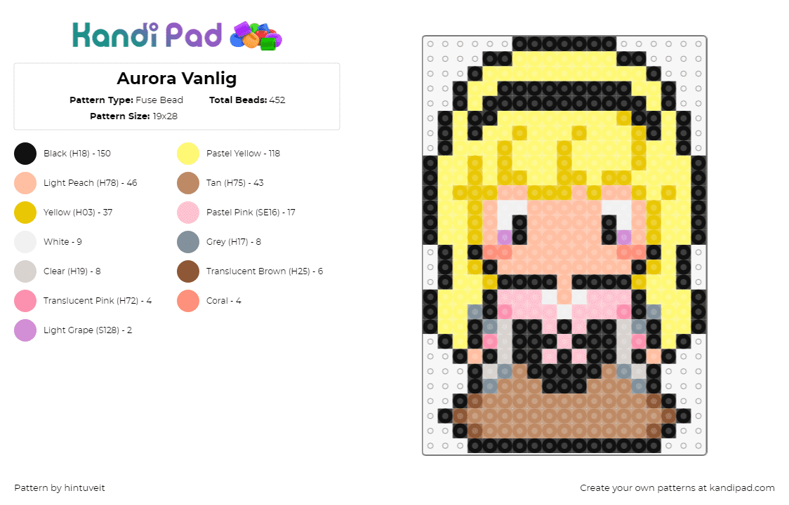 Aurora Vanlig - Fuse Bead Pattern by hintuveit on Kandi Pad - aurora,sleeping beauty,princess,disney,character,chibi,blonde,yellow,pink,brown