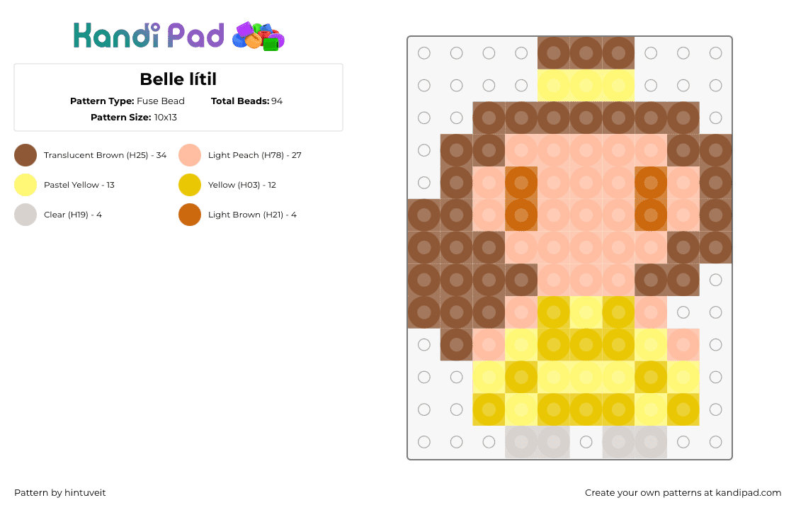 Belle lítil - Fuse Bead Pattern by hintuveit on Kandi Pad - belle,beauty and the beast,princess,disney,character,simple,movie,yellow,tan