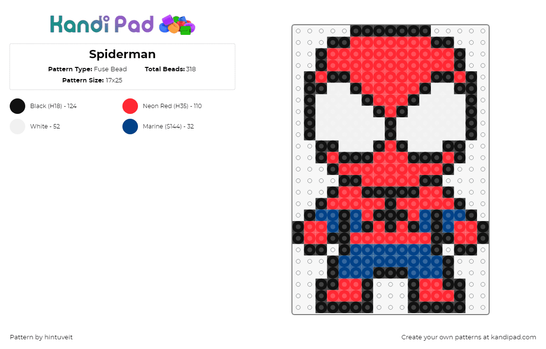 Spiderman - Fuse Bead Pattern by hintuveit on Kandi Pad - spiderman,marvel,superhero,chibi,movie,comic,character,red,white,blue