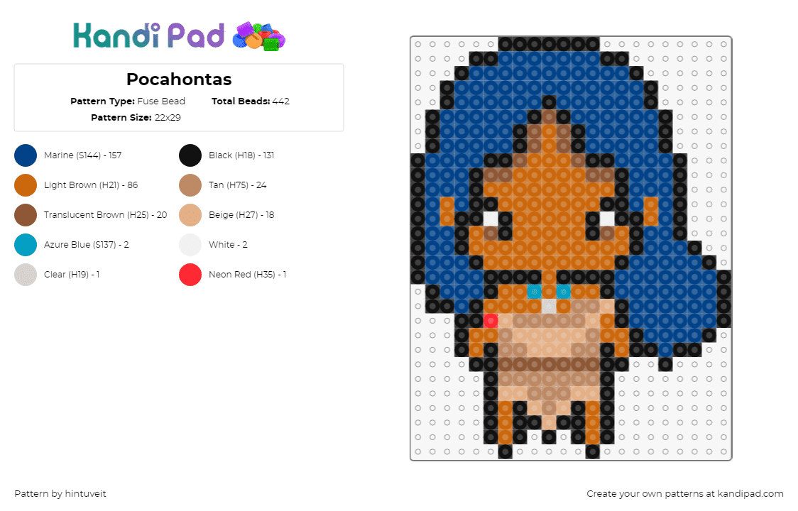 Pocahontas - Fuse Bead Pattern by hintuveit on Kandi Pad - pocahontas,disney,character,native american,indian,animation,movie,chibi,brown,blue,tan