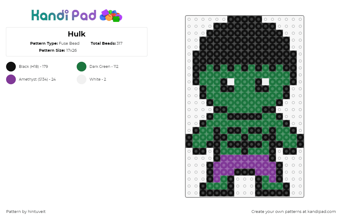 Hulk - Fuse Bead Pattern by hintuveit on Kandi Pad - hulk,marvel,superhero,chibi,avengers,comic,movie,character,green,purple,black