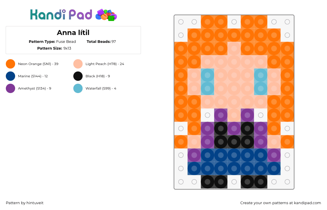 Anna lítil - Fuse Bead Pattern by hintuveit on Kandi Pad - anna,frozen,princess,disney,character,simple,movie,blue,orange