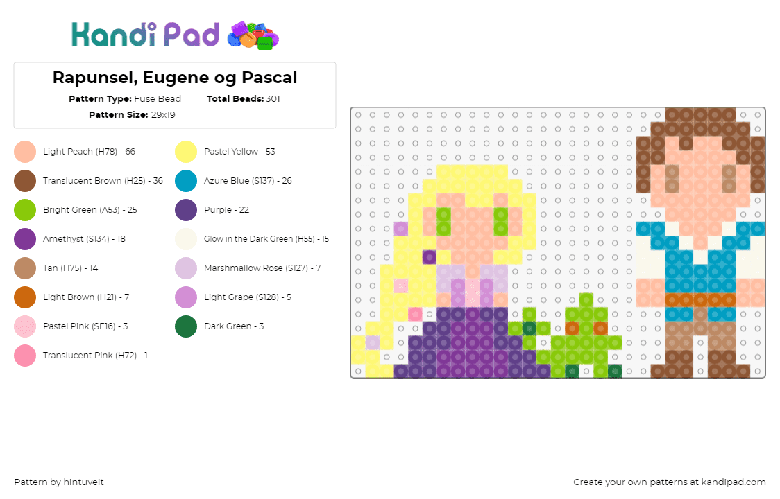 Rapunsel, Eugene og Pascal - Fuse Bead Pattern by hintuveit on Kandi Pad - rapunsel,eugene,pascal,disney,fairy tale,characters,chibi,blonde,purple,yellow,teal,tan