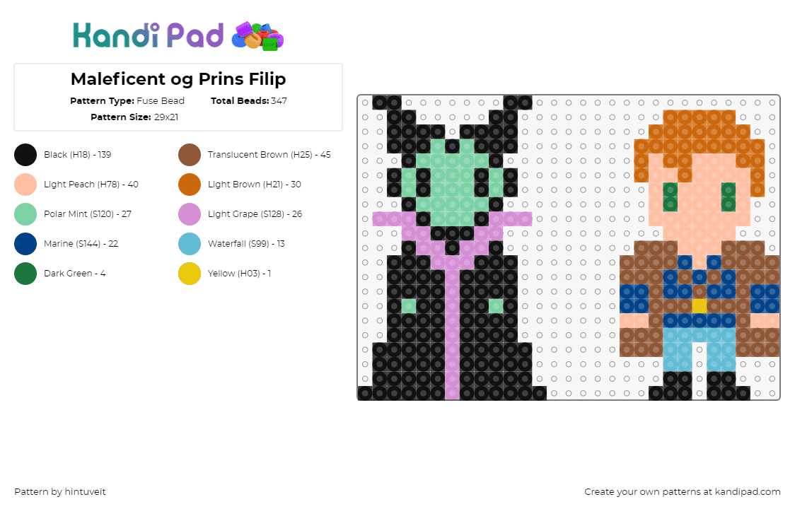 Maleficent og Prins Filip - Fuse Bead Pattern by hintuveit on Kandi Pad - maleficent,prince phillip,sleeping beauty,characters,chibi,disney,animation,movie,black,tan,green,pink,orange