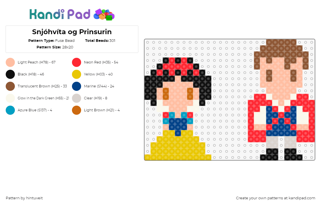 Snjóhvíta og Prinsurin - Fuse Bead Pattern by hintuveit on Kandi Pad - snow white,princess,disney,character,chibi,yellow,blue,pink,black