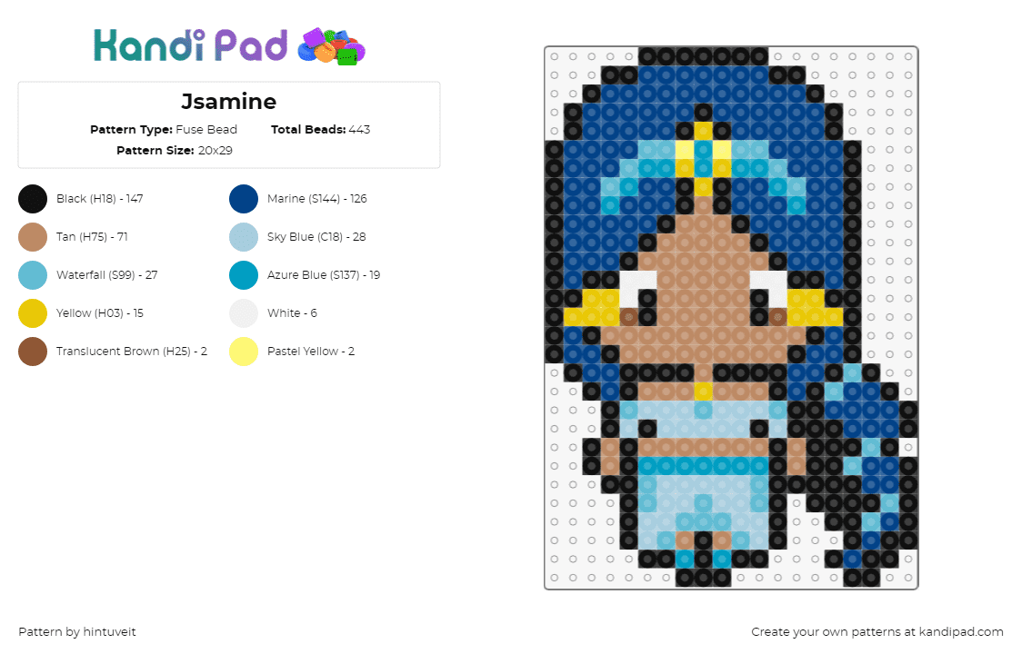 Jsamine - Fuse Bead Pattern by hintuveit on Kandi Pad - jasmine,aladdin,princess,character,disney,chibi,movie,light blue,blue,tan