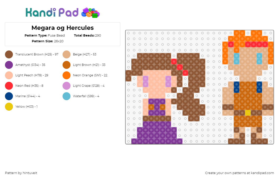 Megara og Hercules - Fuse Bead Pattern by hintuveit on Kandi Pad - hercules,megara,disney,characters,movie,chibi,god,greek,mythology,purple,tan,orange