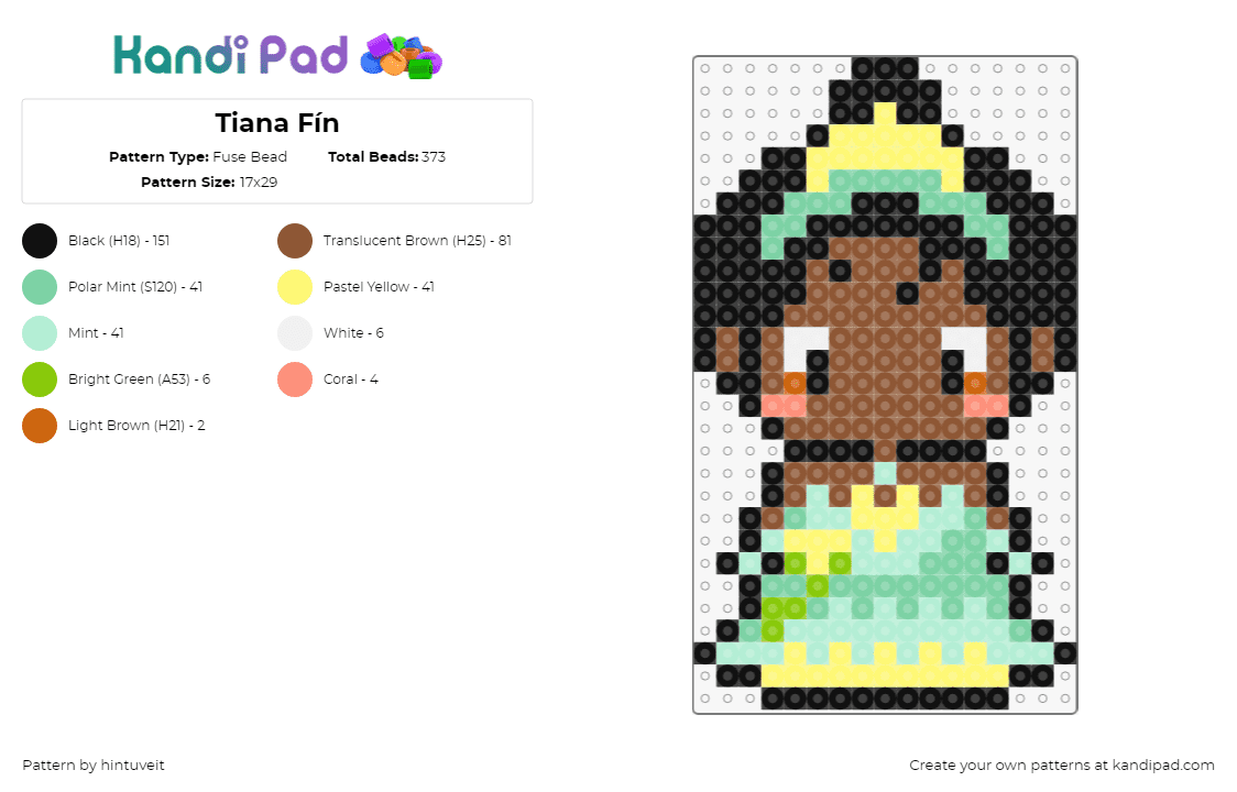 Tiana Fín - Fuse Bead Pattern by hintuveit on Kandi Pad - tiana,princess and the frog,character,chibi,disney,movie,cartoon,yellow,brown,teal,green,black