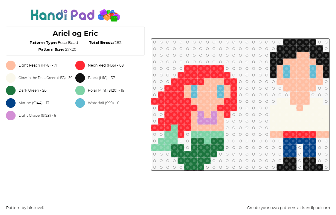 Ariel og Eric - Fuse Bead Pattern by hintuveit on Kandi Pad - ariel,eric,little mermaid,disney,movie,green,pink,beige