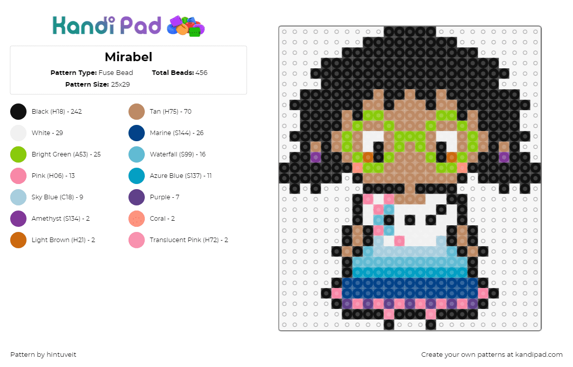 Mirabel - Fuse Bead Pattern by hintuveit on Kandi Pad - mirabel madrigal,encanto,disney,character,chibi,glasses,brown,black,green,teal