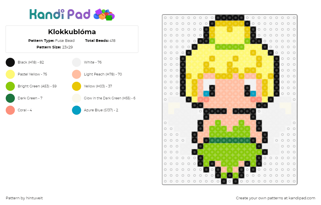 Klokkublóma - Fuse Bead Pattern by hintuveit on Kandi Pad - tinkerbell,peter pan,fairy,charater,chibi,winged,blonde,movie,animation,green,yellow,pink