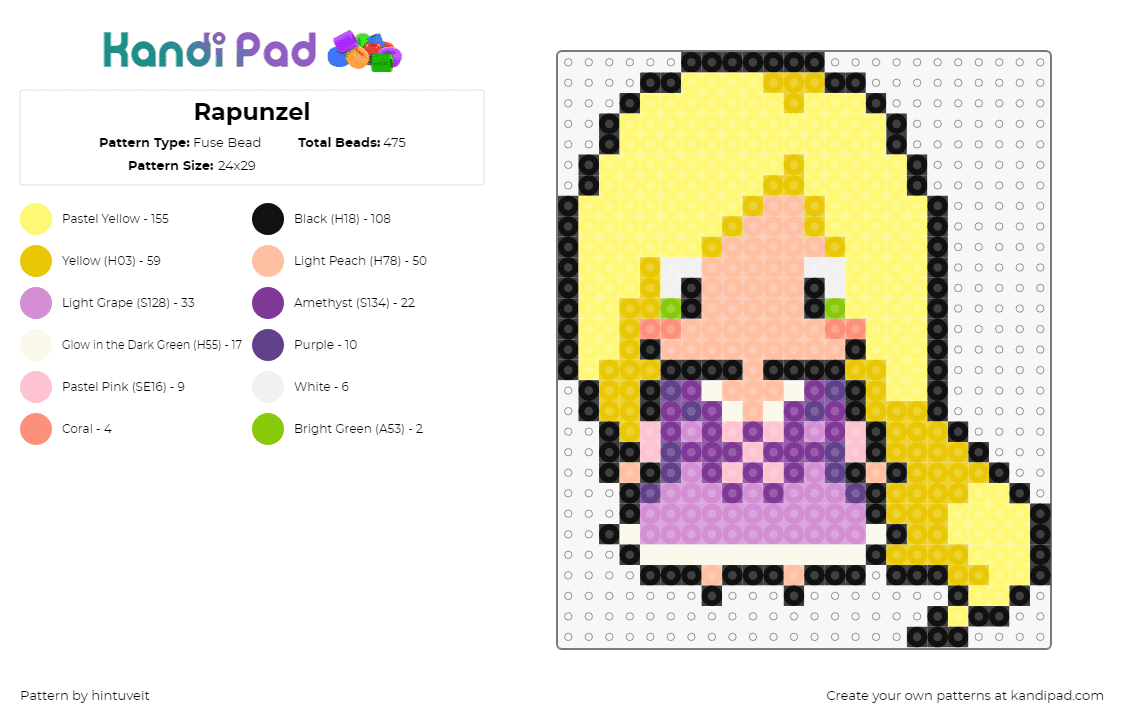 Rapunzel - Fuse Bead Pattern by hintuveit on Kandi Pad - rapunzel,princess,fairy tale,disney,character,chibi,blonde,hair,purple,yellow