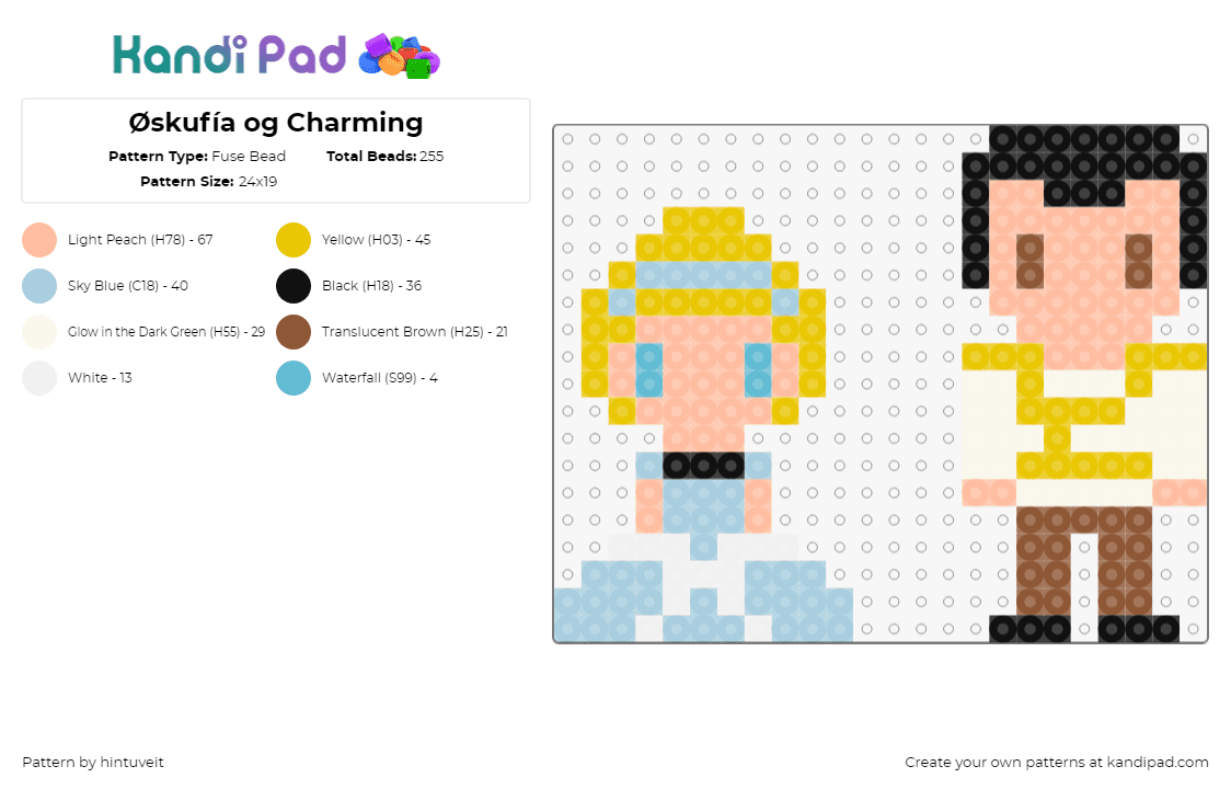 Øskufía og Charming - Fuse Bead Pattern by hintuveit on Kandi Pad - cinderella,prince charming,disney,movie,characters,chibi,princess,blonde,light blue,yellow,pink,tan