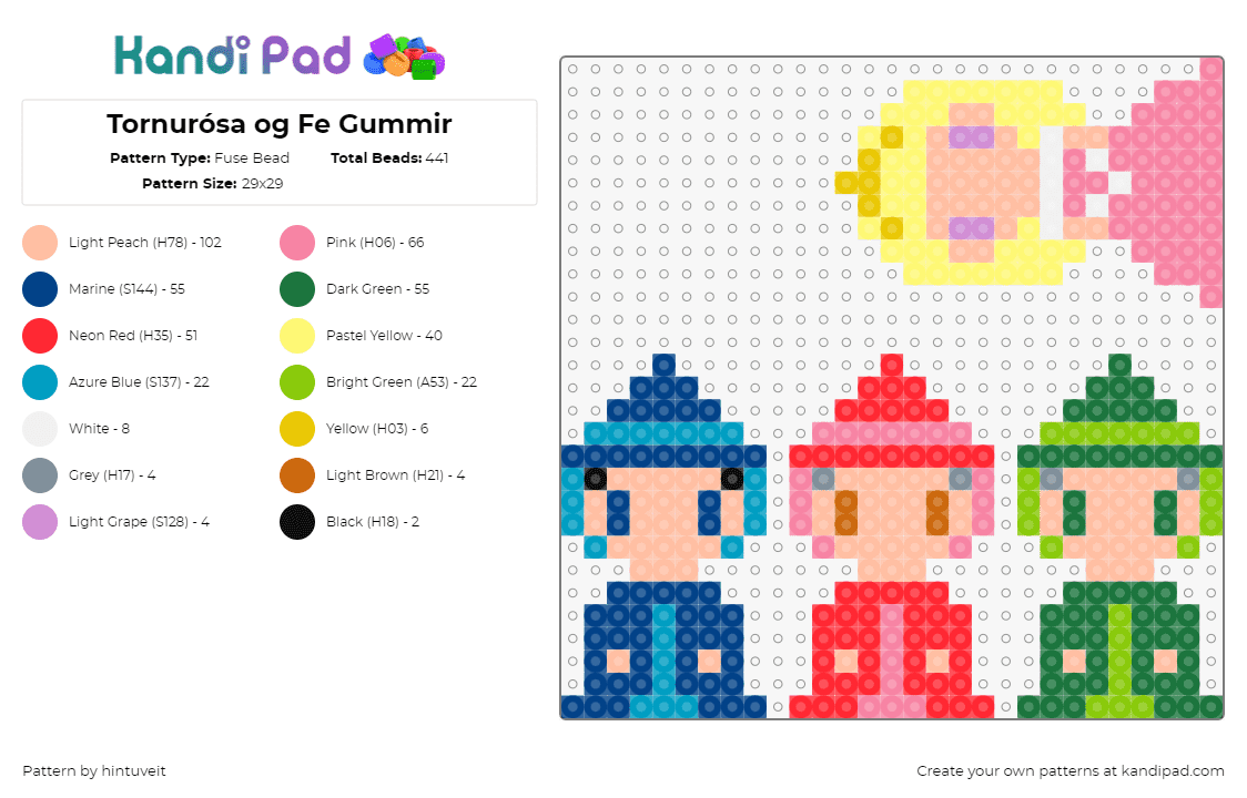 Tornurósa og Fe Gummir - Fuse Bead Pattern by hintuveit on Kandi Pad - sleeping beauty,princess,fairies,colorful,bright,disney,characters,chibi,blonde,blue,yellow,green,pink