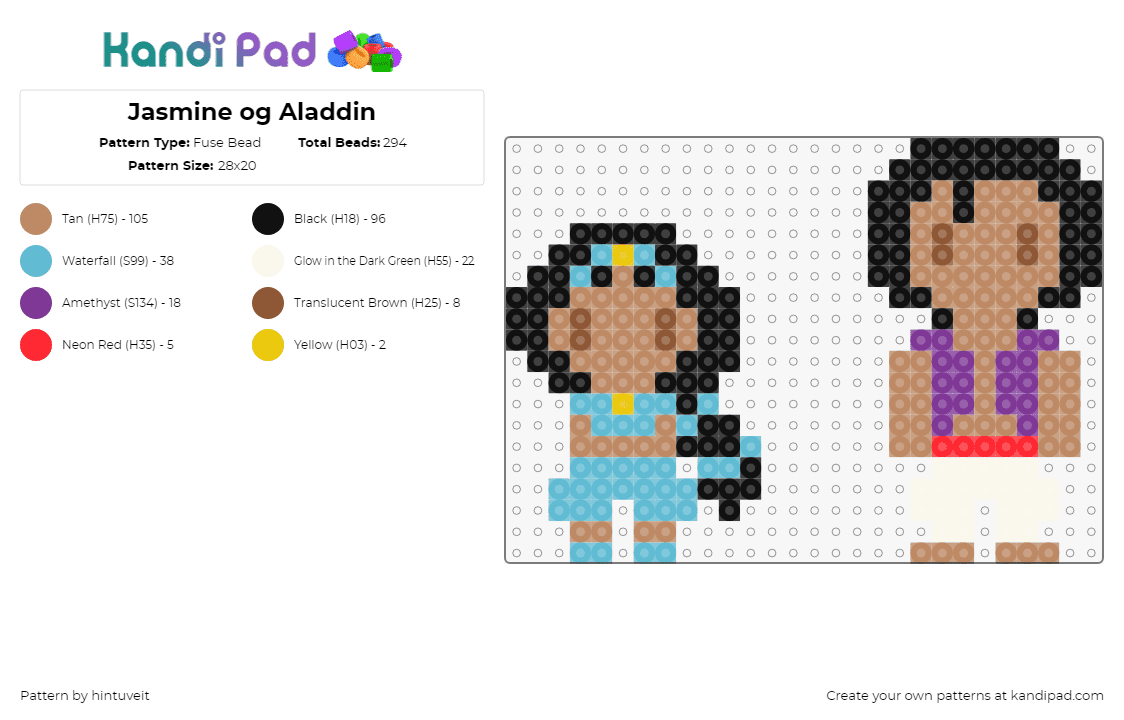 Jasmine og Aladdin - Fuse Bead Pattern by hintuveit on Kandi Pad - jasmine,aladdin,disney,movie,characters,chibi,princess,light blue,purple,brown,black