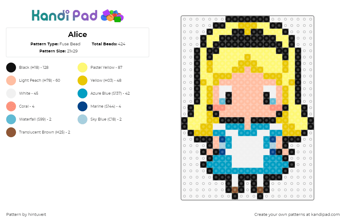 Alice - Fuse Bead Pattern by hintuveit on Kandi Pad - alice in wonderland,blonde,story,character,chibi,yellow,light blue