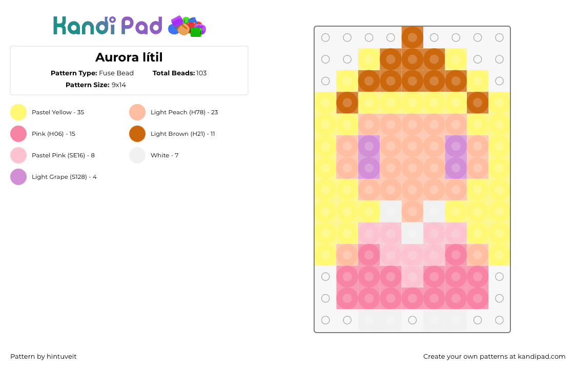 Aurora lítil - Fuse Bead Pattern by hintuveit on Kandi Pad - aurora,sleeping beauty,princess,disney,character,simple,movie,blonde,yellow,pink