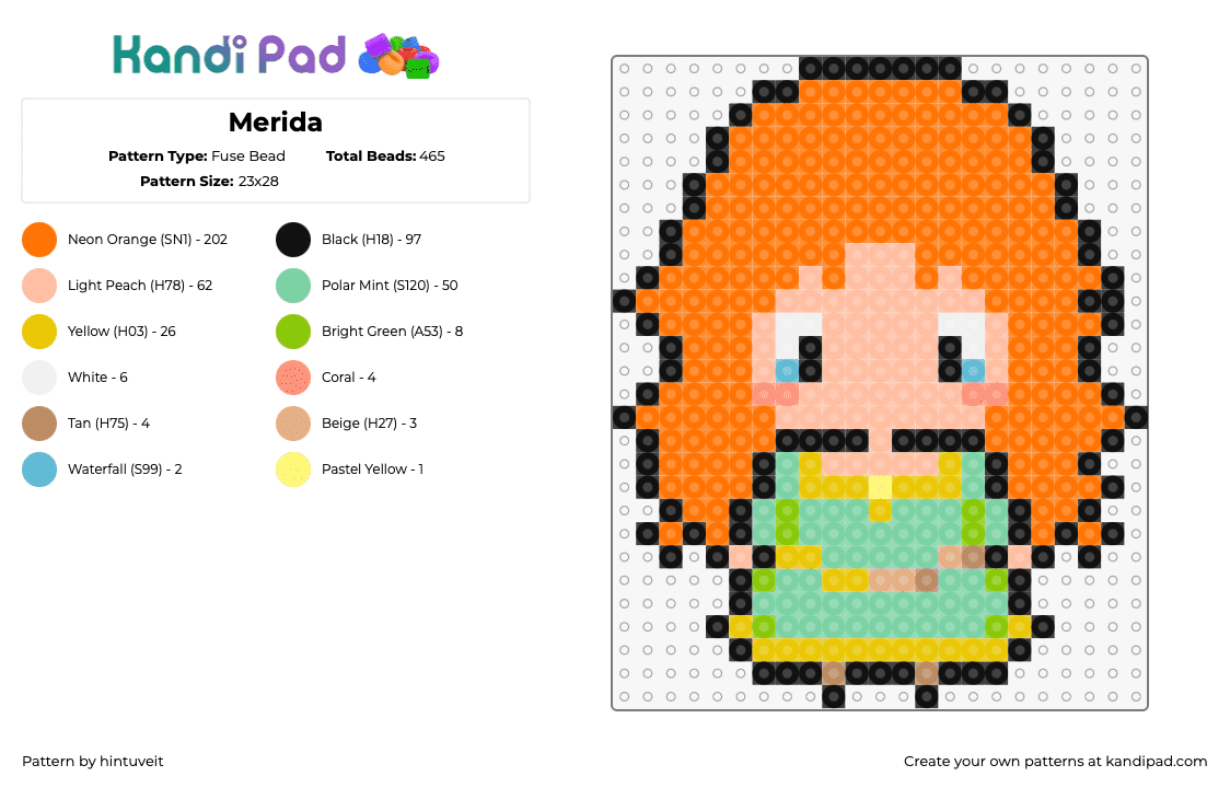 Merida - Fuse Bead Pattern by hintuveit on Kandi Pad - merida,brave,character,chibi,disney,movie,animation,orange,teal