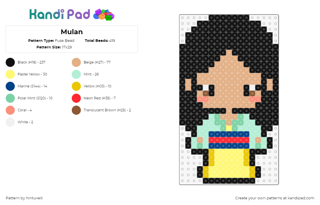 Mulan - Fuse Bead Pattern by hintuveit on Kandi Pad - mulan,disney,character,chibi,princess,movie,tan,black,yellow,teal