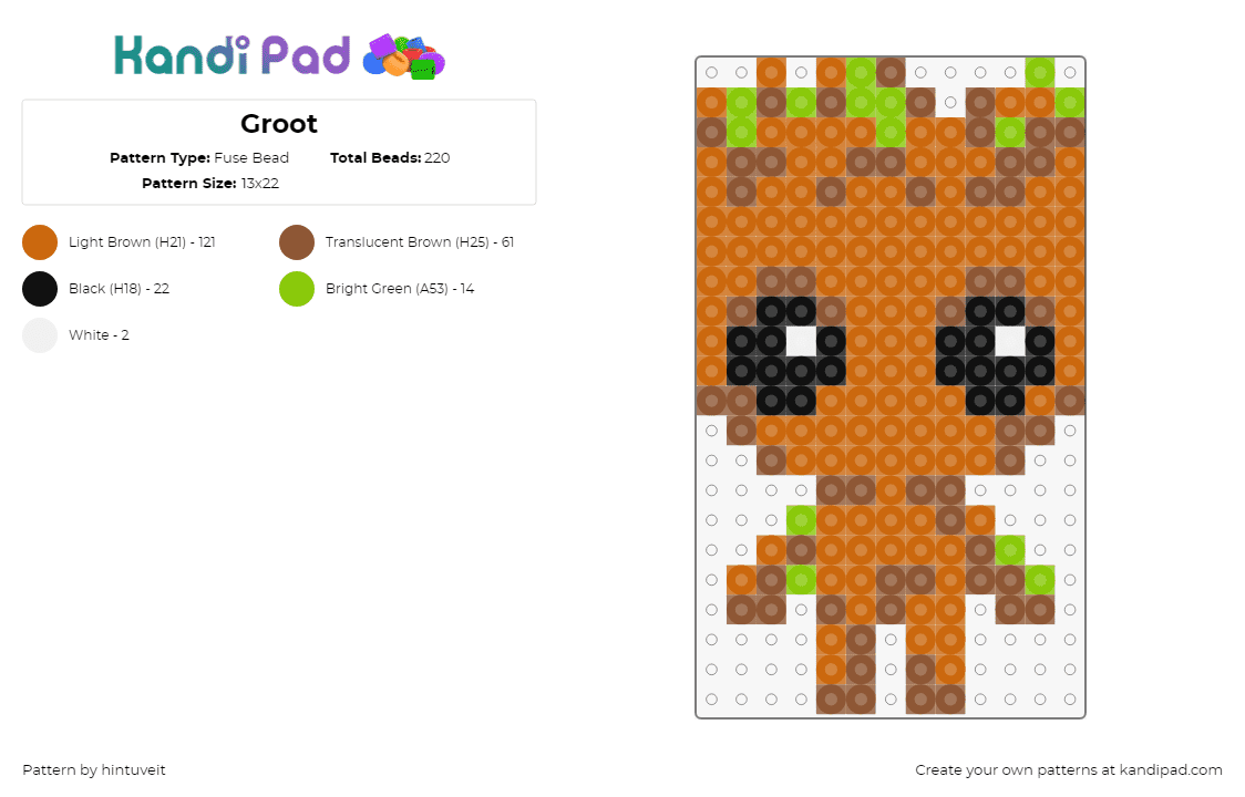 Groot - Fuse Bead Pattern by hintuveit on Kandi Pad - baby groot,marvel,superhero,chibi,guardians of the galaxy,comic,character,movie,cute,orange,brown