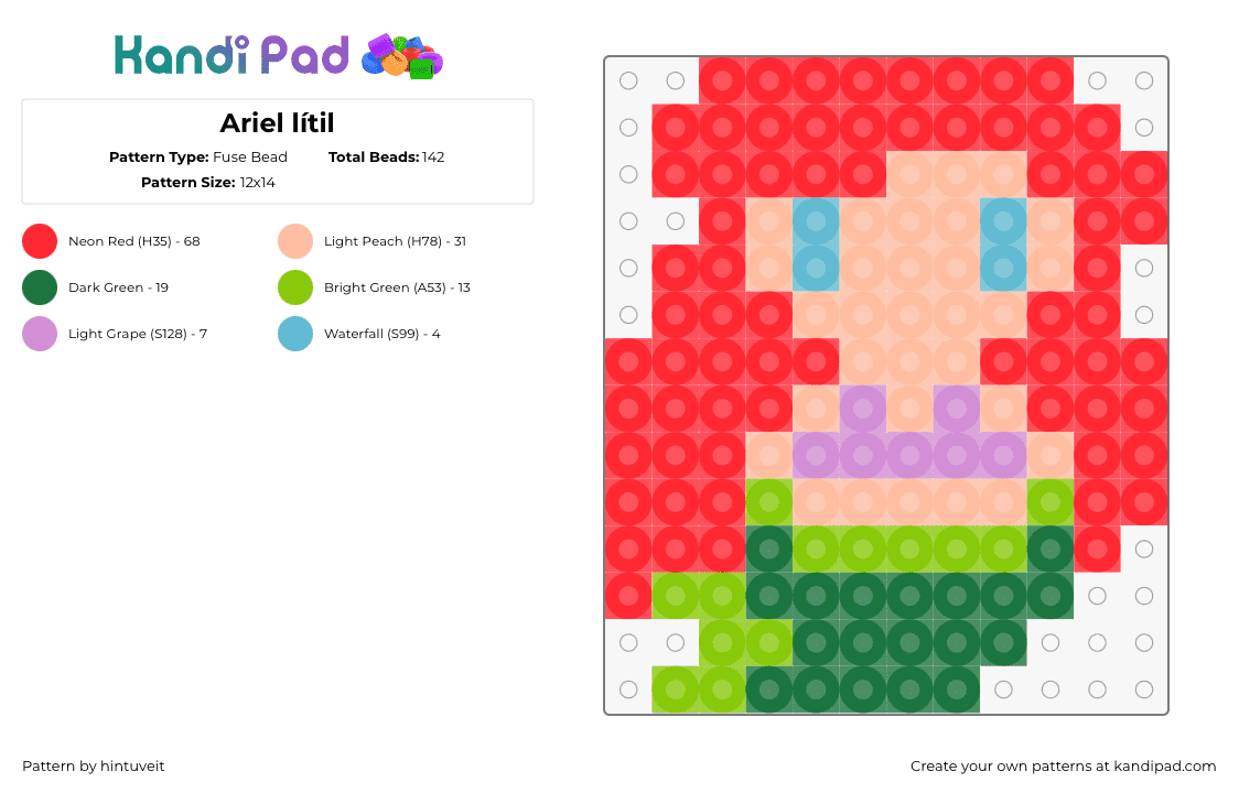 Ariel lítil - Fuse Bead Pattern by hintuveit on Kandi Pad - ariel,little mermaid,princess,disney,character,simple,movie,green,pink