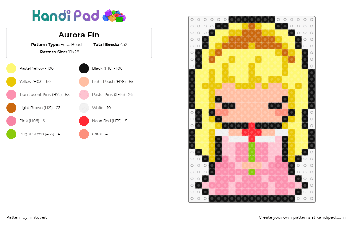 Aurora Fín - Fuse Bead Pattern by hintuveit on Kandi Pad - aurora,sleeping beauty,princess,disney,character,chibi,blonde,yellow,pink