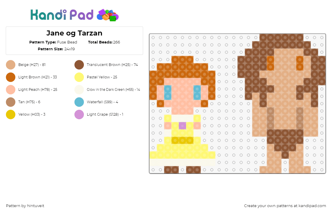 Jane og Tarzan - Fuse Bead Pattern by hintuveit on Kandi Pad - tarzan,jane,disney,characters,chibi,movie,tan,yellow,orange