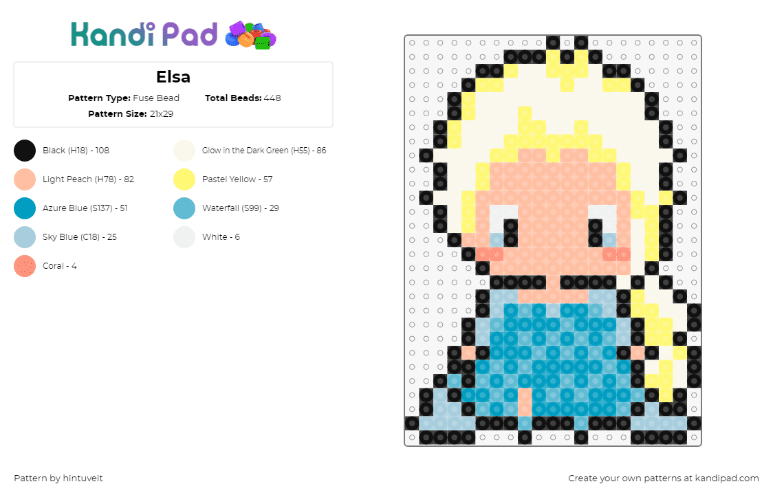 Elsa - Fuse Bead Pattern by hintuveit on Kandi Pad - elsa,frozen,princess,character,chibi,disney,movie,animation,yellow,white,light blue,teal