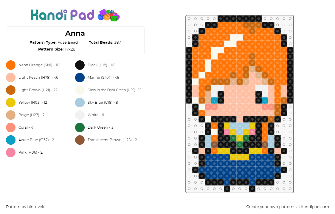 Anna - Fuse Bead Pattern by hintuveit on Kandi Pad - anna,frozen,character,chibi,disney,movie,animation,orange,blue