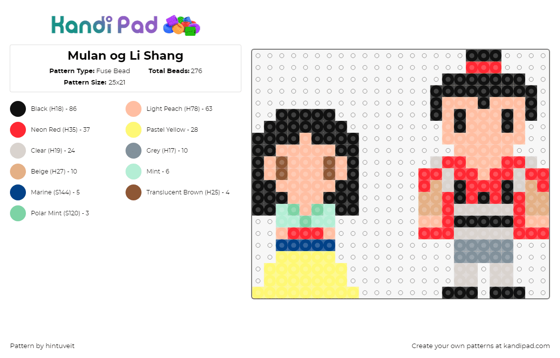 Mulan og Li Shang - Fuse Bead Pattern by hintuveit on Kandi Pad - mulan,li shang,characters,disney,chibi,princess,movie,yellow,gray,pink,black