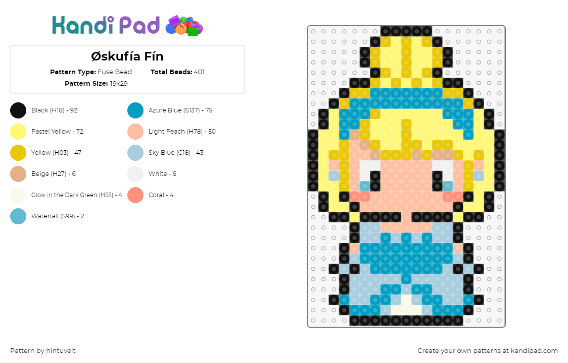 Øskufía Fín - Fuse Bead Pattern by hintuveit on Kandi Pad - cinderella,princess,chibi,character,disney,blonde,light blue,yellow