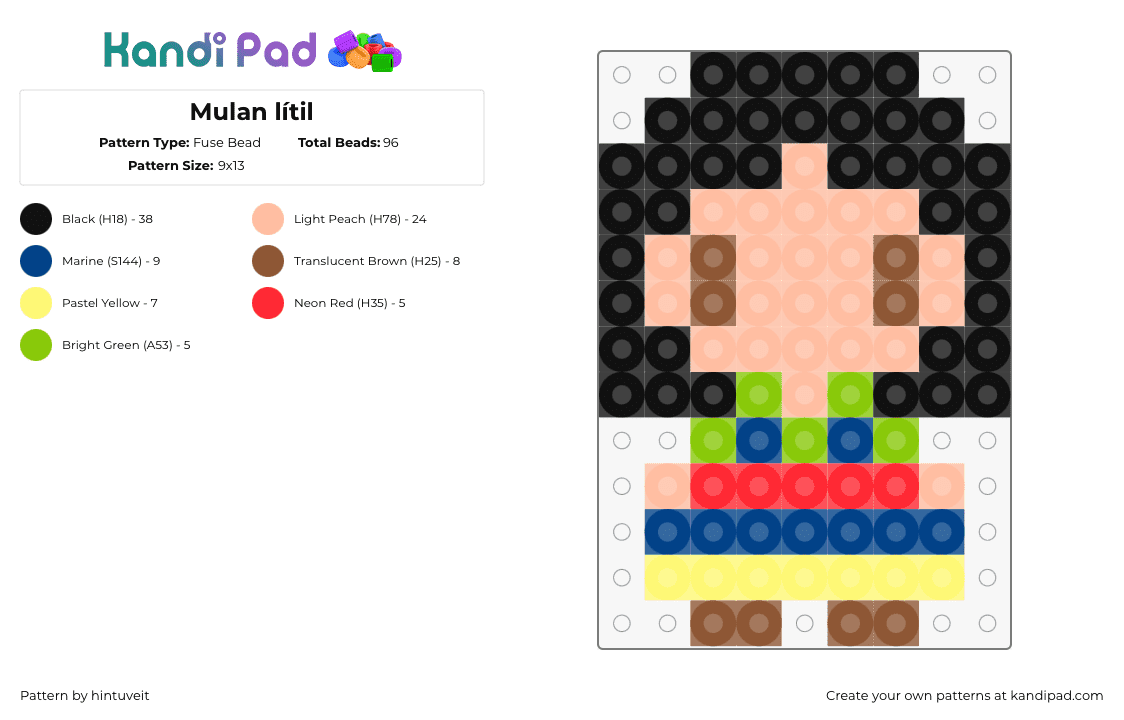 Mulan lítil - Fuse Bead Pattern by hintuveit on Kandi Pad - mulan,princess,disney,character,simple,movie,colorful,black,blue