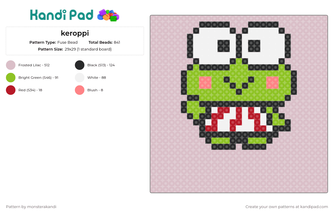 keroppi - Fuse Bead Pattern by monsterakandi on Kandi Pad - keroppi,sanrio,frog,hello kitty,character,charm,friendly,kawaii,adorable,creativity,green