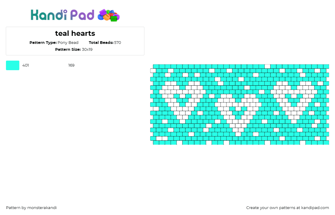 teal hearts - Pony Bead Pattern by monsterakandi on Kandi Pad - hearts,sparkles,love,bright,teal,white