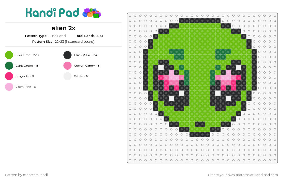 alien 2x - Fuse Bead Pattern by monsterakandi on Kandi Pad - alien,head,space,extraterrestrial,unknown,green,pink