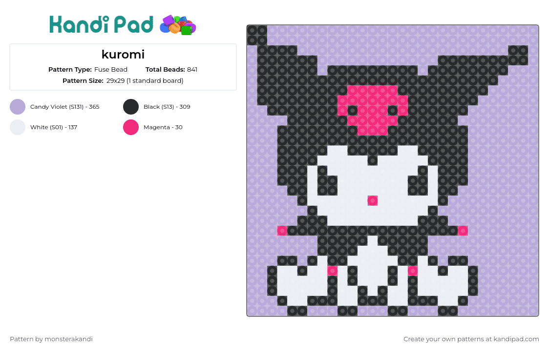 kuromi - Fuse Bead Pattern by monsterakandi on Kandi Pad - kuromi,sanrio,hello kitty,character,jester,skull,mischievous,charm,iconic,pink,black,white