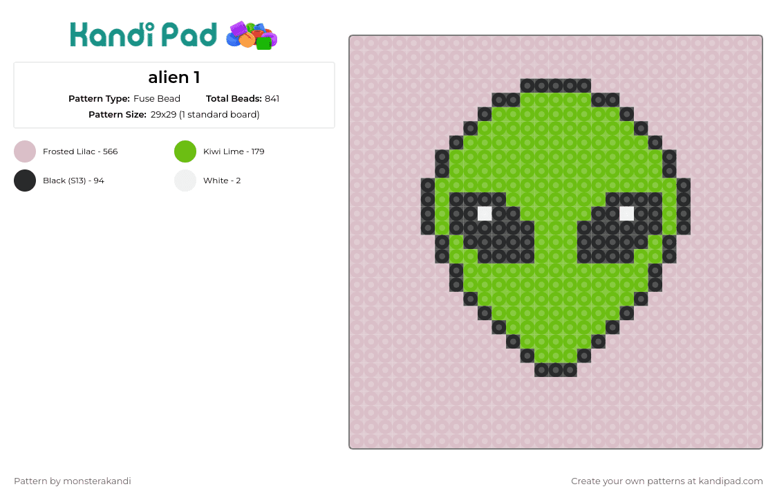 alien 1 - Fuse Bead Pattern by monsterakandi on Kandi Pad - alien,head,space,extraterrestrial,cosmos,mystery,simplicity,green