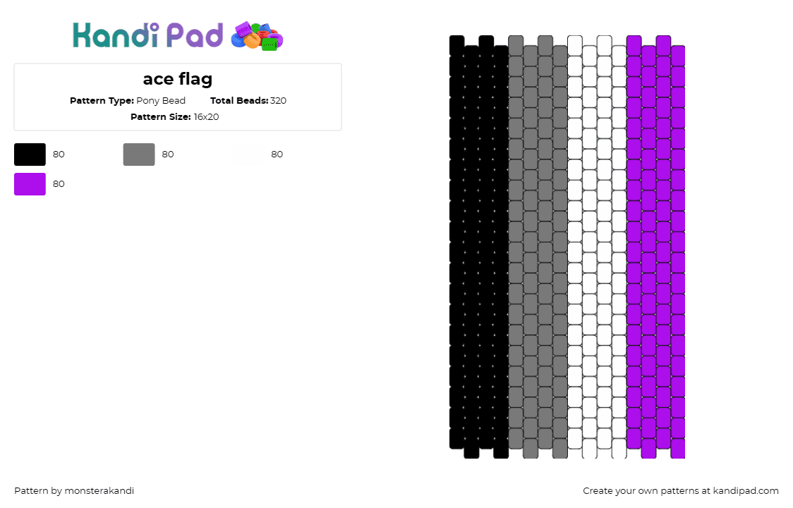 ace flag - Pony Bead Pattern by monsterakandi on Kandi Pad - asexual,pride,flag,vertical,stripes,black,gray,white,purple