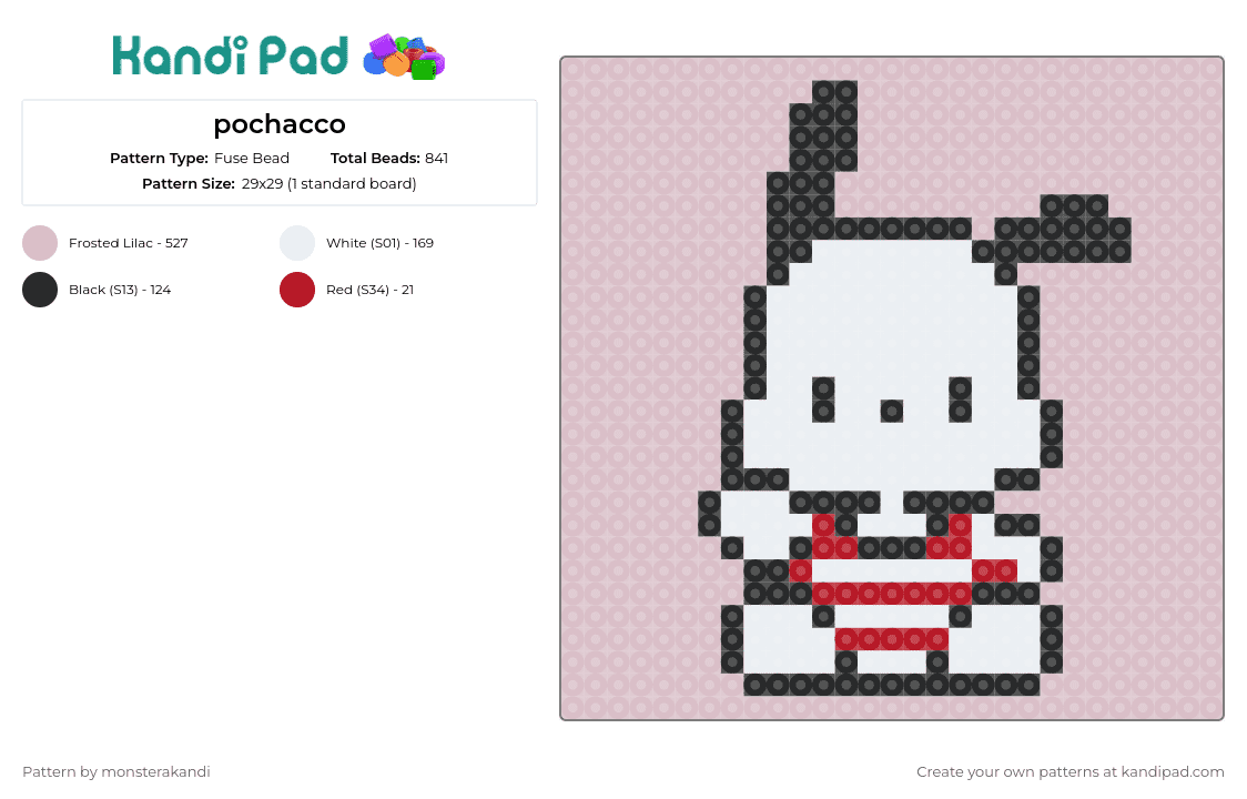 pochacco - Fuse Bead Pattern by monsterakandi on Kandi Pad - pochacco,sanrio,dog,hello kitty,character,world,cuteness,delightful,treat,playful,adorable,white,pink