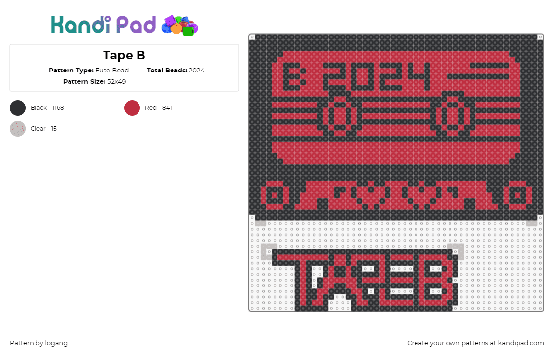 Tape B - Fuse Bead Pattern by logang on Kandi Pad - tape b,casette,charms,dj,edm,music,black,red