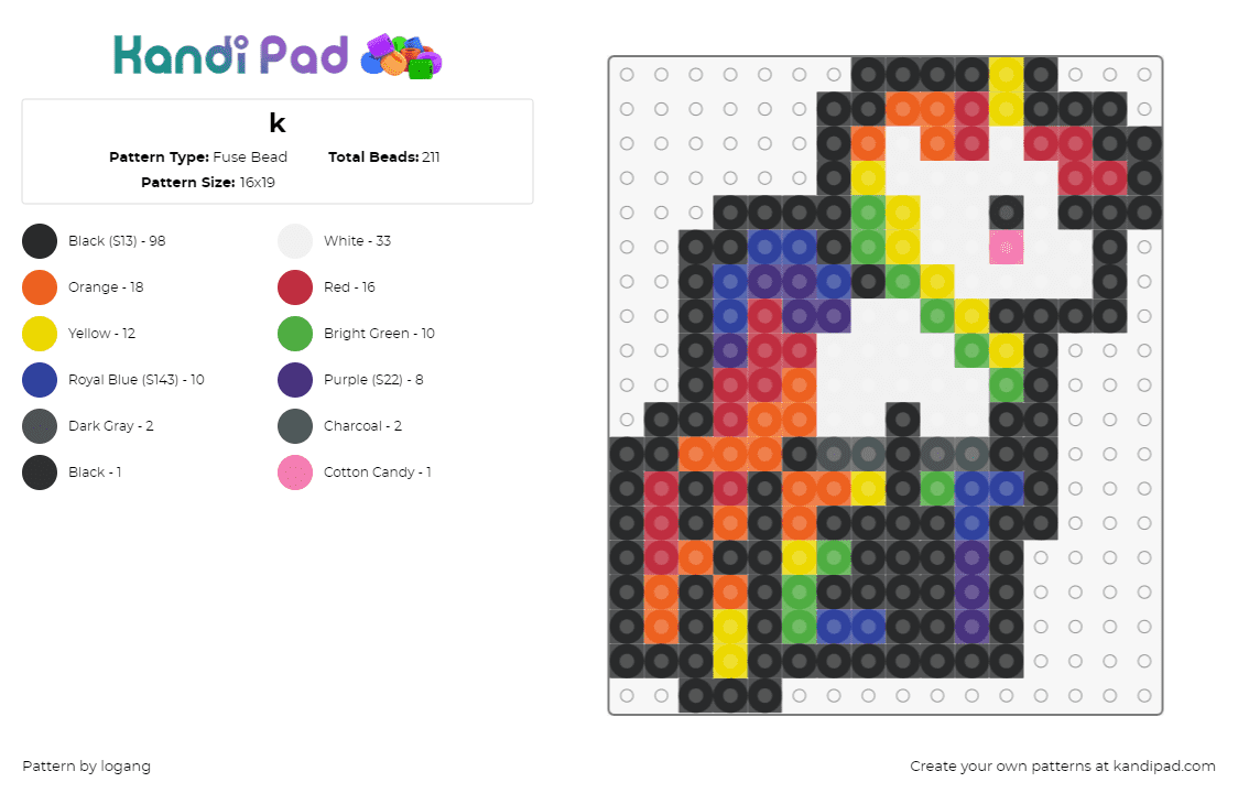 k - Fuse Bead Pattern by logang on Kandi Pad - unicorn,rainbow,colorful,white,orange