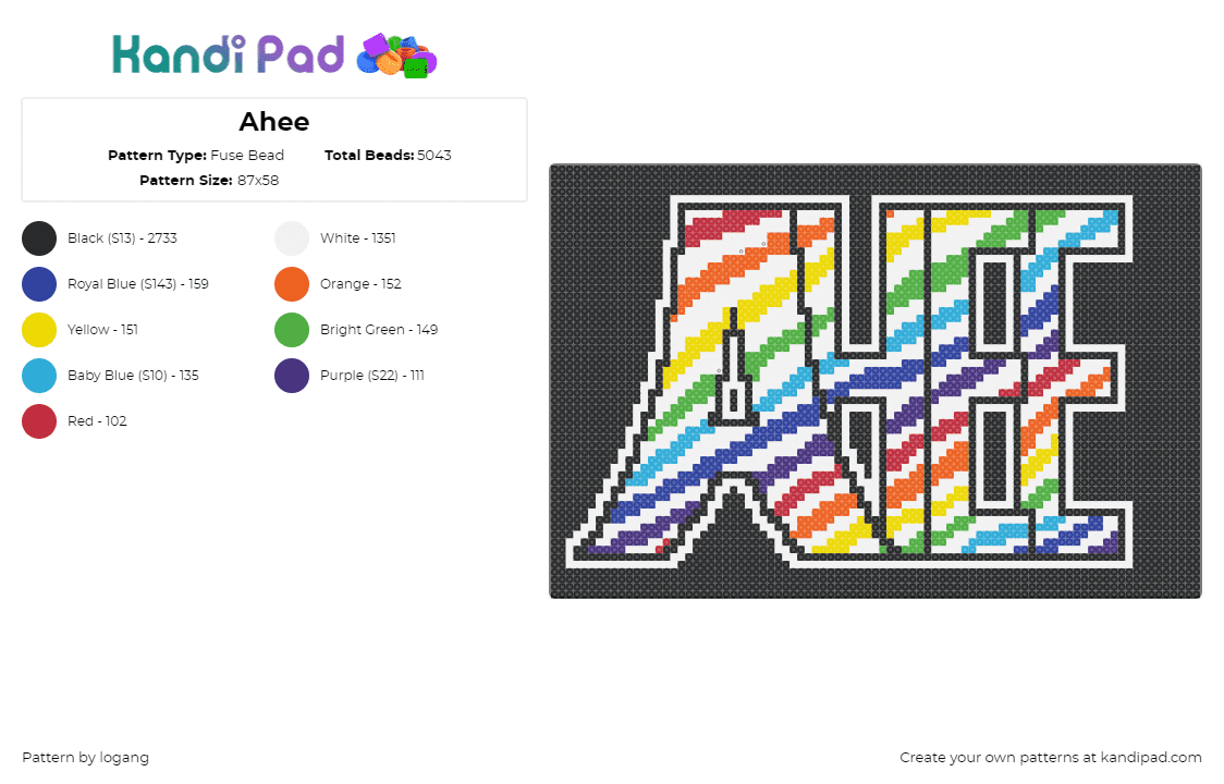 Ahee - Fuse Bead Pattern by logang on Kandi Pad - ahee,logo,dj,edm,music,colorful,stripes,panel,black,white